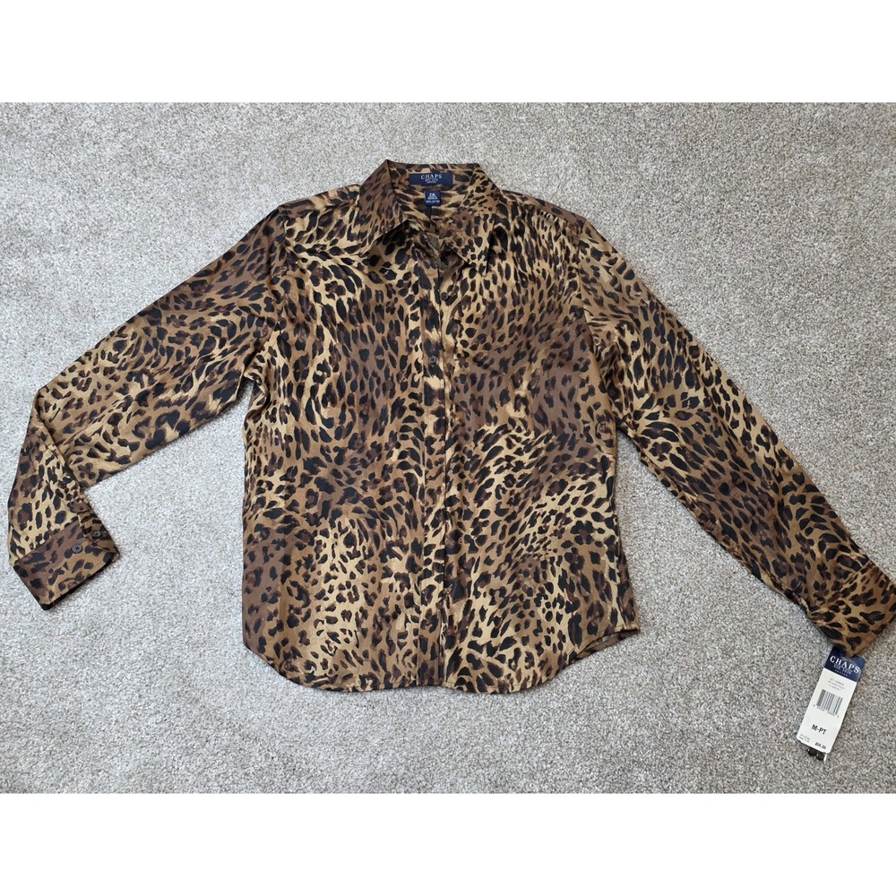 Chaps Petite Leopard Print Button Down Shirt Brown Khaki Cotton Blouse PM
453